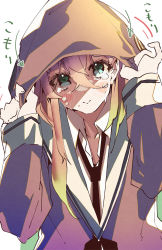 Rule 34 | 1girl, black necktie, blush, closed mouth, collared shirt, crying, crying with eyes open, drinking, e sky rugo, green eyes, highres, hood, hood up, hoodie, long hair, long sleeves, looking at viewer, necktie, original, pink hair, shirt, smile, solo, tears, white background, white shirt, wing collar