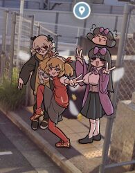 Rule 34 | 3girls, black-framed eyewear, black footwear, black jacket, black skirt, blush, bow, breasts, chain-link fence, collared shirt, commentary request, cookie (touhou), double v, drill hair, fence, full body, fuuko (gesv4435), glasses, grass, hair bow, high school girls posing for google street view (meme), highres, hime cut, hood, hoodie, jacket, large breasts, long hair, looking at viewer, luna child, medium bangs, medium hair, meme, multiple girls, open clothes, open jacket, open mouth, pantyhose, photo-referenced, photo background, pleated skirt, purple bow, purple jacket, red bow, red eyes, red pantyhose, red sweater vest, riran youkyu, shiriri saikyo, shirt, shoes, shunga youkyu, skirt, smile, socks, star sapphire, sunny milk, sweater vest, touhou, twin drills, two side up, v, white shirt, white socks, yellow hoodie, yukkuri shiteitte ne