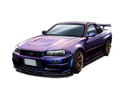 Rule 34 | absurdres, car, highres, motor vehicle, nissan, nissan skyline, nissan skyline gt-r, nissan skyline r34, no humans, original, simple background, spoiler (automobile), sports car, t.r, vehicle focus, white background