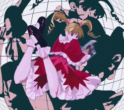 Rule 34 | 1girl, biscuit krueger, blonde hair, capelet, dress, drill hair, frilled dress, frills, highres, hunter x hunter, lolita fashion, looking at viewer, looking back, lying, miko hxh, on stomach, reading, ribbon, solo, twin drills