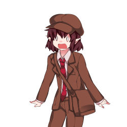 Rule 34 | 1girl, bad id, bad pixiv id, bag, blazer, brown hair, brown hat, brown jacket, brown shorts, cabbie hat, collared shirt, d:, forbidden scrollery, hammer (sunset beach), hat, highres, jacket, necktie, no wings, o o, open mouth, own hands clasped, own hands together, pointy ears, shameimaru aya, shameimaru aya (newsboy), shirt, short hair, shorts, shoulder bag, solo, surprised, sweat, tie clip, touhou, wide-eyed