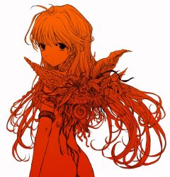 Rule 34 | 1girl, blood, body horror, braid, chan8016, expressionless, highres, insect wings, leaf wings, long hair, looking at viewer, looking back, monochrome, nude, plant wings, sayonara wo oshiete, side braids, simple background, solo, sugamo mutsuki, tendril, upper body, white background, wings