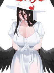 Rule 34 | 1girl, absurdres, alternate costume, black hair, black wings, blue archive, blush, breasts, choker, cleavage, collarbone, commentary, cosplay, cowboy shot, ddog, dress, feathered wings, hair between eyes, halo, hasshaku-sama, hasshaku-sama (cosplay), hasumi (blue archive), hat, highres, large breasts, long hair, long hair between eyes, red eyes, red halo, see-through, see-through dress, simple background, solo, very long hair, white background, white choker, white dress, white hat, wings