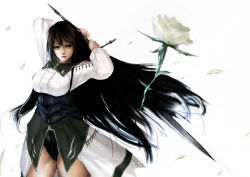 Rule 34 | 1girl, arms up, asanuma, bad id, bad pixiv id, black hair, cowboy shot, fantasy earth zero, flower, long hair, realistic, rose, solo, sword, thighs, underbust, very long hair, weapon, white background, white flower, white rose