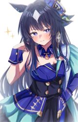 Rule 34 | 1girl, absurdres, animal ears, blue hair, blush, breasts, cleavage, closed mouth, commentary, dark blue hair, dress, earrings, hair ornament, highres, horse ears, jewelry, looking at viewer, mare ma, medium breasts, mole, mole under eye, purple eyes, single earring, smile, solo, umamusume, verxina (umamusume), white background