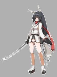 Rule 34 | 1girl, anabuki tomoko, animal ears, bad id, bad pixiv id, black eyes, black hair, breasts, dual wielding, grey background, holding, japanese clothes, katana, long hair, looking at viewer, nacl, panties, red scarf, sandals, scarf, shokuen shiwe, sideboob, simple background, socks, solo, strike witches, strike witches: suomus misfits squadron, sword, tail, underwear, weapon, white panties, world witches series