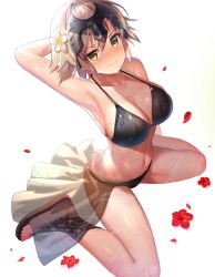 Rule 34 | 1girl, arched back, arm behind head, arm up, armpits, bare arms, bare legs, bare shoulders, bikini, black bikini, blonde hair, blush, breasts, cleavage, closed mouth, collarbone, commentary request, fate/grand order, fate (series), flower, from above, full body, hair between eyes, hair flower, hair ornament, headpiece, hibiscus, highres, jeanne d&#039;arc (fate), jeanne d&#039;arc alter (avenger) (fate), jeanne d&#039;arc alter (fate), large breasts, looking at viewer, navel, nayuta (una), petals, red flower, sandals, sarong, see-through, shiny skin, short hair, sidelocks, simple background, sitting, skirt, smile, smug, solo, stomach, swimsuit, wariza, water drop, wet, white background, white flower, white skirt, yellow eyes