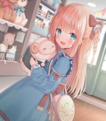 Rule 34 | 1girl, :d, bad id, bad twitter id, bag, blonde hair, blue dress, blue eyes, blurry, blurry background, blush, bow, braid, brown bow, depth of field, dress, dutch angle, from side, hair bow, highres, holding, holding stuffed toy, indoors, long hair, long sleeves, looking at viewer, looking to the side, nufucha, open mouth, original, pennant, puffy long sleeves, puffy sleeves, shoulder bag, sleeves past wrists, smile, solo, string of flags, stuffed animal, stuffed cat, stuffed sheep, stuffed toy, teddy bear, teeth, twin braids, two side up, upper teeth only, very long hair