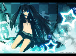 Rule 34 | 10s, 1girl, belt, bikini, bikini top only, black hair, black rock shooter, black rock shooter (character), blue eyes, boots, chain, cloak, coat, cross, flat chest, front-tie top, gloves, glowing, glowing eyes, hatsune miku, hood, hooded jacket, jacket, knee boots, kneeling, long hair, midriff, navel, ribbon, scar, short shorts, shorts, solo, star (symbol), staring, stitches, swimsuit, twintails, uneven twintails, uno (artist), uno (colorbox), very long hair, vocaloid, zipper