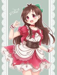 Rule 34 | 1girl, absurdres, antenna hair, blush, bow, bowtie, breasts, brown corset, brown hair, choker, collarbone, corset, cowboy shot, dot nose, earrings, green background, green ribbon, hair bow, hair ribbon, heart, heart earrings, highres, idolmaster, idolmaster cinderella girls, idolmaster cinderella girls starlight stage, jewelry, long hair, looking at viewer, maka073, medium breasts, open mouth, puffy short sleeves, puffy sleeves, red bow, red bowtie, red choker, ribbon, scrunchie, short sleeves, signature, smile, solo, standing, striped ribbon, teeth, tsujino akari, two-tone dress, underbust, upper teeth only, white scrunchie, wrist scrunchie
