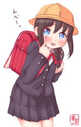 Rule 34 | 10s, 1girl, 2017, :p, aged down, akanbe, alternate costume, backpack, bag, black hair, blue eyes, blush, braid, commentary request, dated, eyelid pull, hair over shoulder, hat, highres, kanon (kurogane knights), kantai collection, long hair, long sleeves, looking at viewer, randoseru, school bag, school hat, school uniform, shigure (kancolle), signature, simple background, single braid, skirt, solo, tongue, tongue out