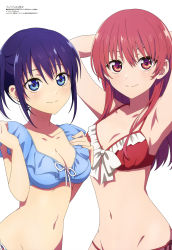 Rule 34 | 2girls, absurdres, aqua inc., armpits, arms up, bikini, blue bikini, blue eyes, breasts, cleavage, closed mouth, collarbone, highres, kanojo mo kanojo, long hair, looking at viewer, medium breasts, megami magazine, minase nagisa, multiple girls, navel, official art, purple hair, red bikini, red eyes, red hair, saki saki (kanojo mo kanojo), scan, short hair, sidelocks, simple background, small breasts, smile, standing, swimsuit, upper body, white background
