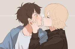 Rule 34 | 2boys, ace of diamond, bad id, bad pixiv id, black shirt, blonde hair, blue eyes, blue jacket, brown eyes, brown hair, cheek press, couple, eye contact, face grab, half-closed eyes, hand on another&#039;s face, imminent kiss, jacket, looking at another, male focus, multiple boys, okumura koushuu, open clothes, open jacket, open mouth, sawamura eijun, shirt, short hair, teeth, totu, upper body, white shirt, yaoi