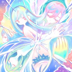 Rule 34 | 5girls, abstract, blue hair, blush, closed eyes, closed mouth, commentary request, denonbu, expressionless, hair between eyes, highres, long hair, multiple girls, multiple persona, pink hair, shinonome kazune, sparkle, star (sky), tears, upper body, wanowanoji67
