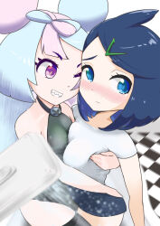 Rule 34 | 2girls, black thighhighs, blue eyes, blue hair, blue shorts, blush, bow, bowtie, breast press, breasts, checkered background, checkered floor, collar, creatures (company), embarrassed, female focus, game freak, groping, groping breast, hair bow, hair ornament, hairpin, hand on another&#039;s ass, hand on another&#039;s breasts, highres, holding, indoors, iono (pokemon), leotard, liko (pokemon), long hair, looking at another, looking back, looking to the side, medium breasts, medium hair, microsd (pibo), multicolored hair, multiple girls, nintendo, one eye closed, pink eyes, pink hair, pokemon, pokemon (anime), pokemon horizons, pokemon sv, see-through, see-through shirt, sharp teeth, shirt, short sleeves, shorts, shower head, showering, simple background, small breasts, smile, t-shirt, teeth, thighhighs, thighs, tile floor, tiles, two-tone hair, very long hair, water, wet, wet clothes, wet shirt, white background, white shirt, wink