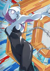 Rule 34 | 1girl, absurdres, artist request, ballet slippers, bodysuit, breasts, covered navel, gwen stacy, highres, hood, hooded bodysuit, marvel, mask, medium breasts, shoes, silk, simple background, skin tight, sneakers, spider-gwen, spider-man: across the spider-verse, spider-man (series), spider-verse, spider web, superhero costume, wide hips