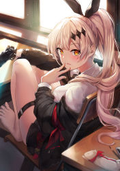 Rule 34 | 1girl, absurdres, bada (jksh5056), barefoot, black cardigan, black ribbon, black skirt, blonde hair, blush, breasts, brown eyes, cardigan, chair, commentary, day, desk, eraser, fingernails, five-seven (girls&#039; frontline), fn five-seven, girls&#039; frontline, gun, hair between eyes, hair ornament, hair ribbon, hand up, handgun, high ponytail, highres, holding, holding gun, holding weapon, indoors, knees up, long hair, long sleeves, looking at viewer, looking to the side, medium breasts, name connection, object namesake, off shoulder, on chair, parted lips, pdw-caliber pistol, pen, pistol, pleated skirt, ponytail, ribbon, school chair, school desk, school uniform, shirt, sitting, skirt, solo, sunlight, toenails, very long hair, weapon, white shirt, window