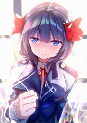 Rule 34 | 1girl, :t, absurdres, black hair, black skirt, blazer, blue eyes, blue jacket, blurry, blurry background, blush, bow, clenched hand, closed mouth, collared shirt, commentary request, depth of field, hair between eyes, hair bow, highres, jacket, long hair, long sleeves, looking at viewer, menghuan tian, neck ribbon, original, pout, red bow, red ribbon, ribbon, school uniform, shirt, skirt, solo, v-shaped eyebrows, white shirt