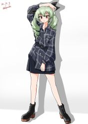 Rule 34 | 1girl, absurdres, anchovy (girls und panzer), arm up, belt, black belt, black footwear, black ribbon, black shirt, black skirt, blouse, boots, brown eyes, casual, closed mouth, collared shirt, commentary, dated, drill hair, drops mint, full body, girls und panzer, green hair, hair ribbon, hand on own head, highres, long hair, long sleeves, looking at viewer, medium skirt, no legwear, plaid, plaid shirt, ribbon, shadow, shirt, shirt tug, skirt, solo, standing, twin drills, twintails, twitter username, wing collar