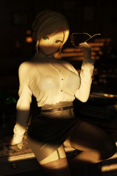 Rule 34 | 1girl, arm at side, belt, black bra, black skirt, black thighhighs, blurry, blurry background, bra, bra visible through clothes, breasts, bullet, closed mouth, collared shirt, commentary, day, depth of field, french commentary, garter straps, green eyes, grey hair, high-waist skirt, highres, holding, holding removed eyewear, indoors, knee up, large breasts, long sleeves, looking at viewer, maocha, mole, mole under eye, on table, original, revision, see-through, shirt, short hair, sitting, skirt, solo, sunglasses, sunlight, swept bangs, table, thighhighs, underwear, unworn eyewear, white shirt, window shadow