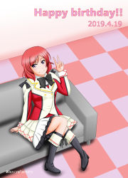 Rule 34 | 1girl, 2019, artist request, black bow, black bowtie, black footwear, black socks, boots, bow, bowtie, female focus, hat, hat bow, highres, jacket, knee boots, knees together feet apart, long sleeves, looking at viewer, love live!, love live! school idol project, nishikino maki, outstretched arms, parted lips, petals, pleated skirt, purple eyes, red hair, short hair, sitting, skirt, smile, socks, solo, sore wa bokutachi no kiseki, spread arms, v, white hat, white jacket, white skirt