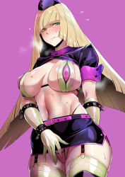 Rule 34 | 1girl, :q, alternate breast size, bad id, bad pixiv id, blonde hair, breasts, breasts apart, colored skin, commentary request, cosplay, creatures (company), fate/grand order, fate (series), female pubic hair, florence nightingale (fate), florence nightingale (fate) (cosplay), florence nightingale (trick or treatment) (fate), florence nightingale (trick or treatment) (fate) (cosplay), flying sweatdrops, game freak, garrison cap, gloves, green eyes, green gloves, green thighhighs, hat, highres, ikuchan kaoru, large breasts, long hair, looking at viewer, lusamine (pokemon), mature female, multicolored skin, navel, nintendo, official alternate costume, pink background, pokemon, pokemon sm, pubic hair, shrug (clothing), simple background, skindentation, solo, sweat, thighhighs, thighs, tongue, tongue out, very long hair, wide hips