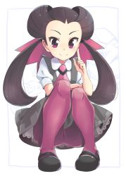 Rule 34 | 1girl, bow, brown hair, closed mouth, creatures (company), dress, forehead, full body, game freak, grey dress, hair bow, hair pulled back, hair ribbon, highres, long hair, looking at viewer, necktie, nintendo, pantyhose, pink pantyhose, pokemon, pokemon oras, red eyes, ribbon, roxanne (pokemon), smile, solo, twintails, ueshita, very long hair