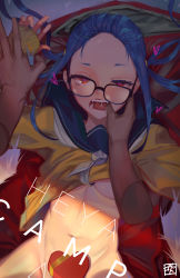 Rule 34 | 10s, 1girl, arms up, blue hair, bottomless, box, breasts, cardigan, clothes lift, crooked eyewear, disembodied limb, fangs, finger in another&#039;s mouth, godsh0t, heart, heart-shaped box, heart-shaped pupils, highres, implied sex, long hair, looking at viewer, lying, male hand, medium breasts, navel, on back, oogaki chiaki, open mouth, out-of-frame censoring, red eyes, restrained, saliva, school uniform, serafuku, shirt lift, solo focus, symbol-shaped pupils, teeth, tongue, yurucamp