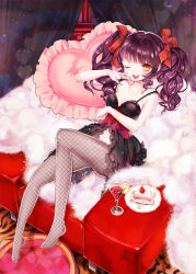 Rule 34 | 1girl, bad id, bad pixiv id, breasts, brown hair, cake, cleavage, drink, fishnet pantyhose, fishnets, food, frilled pillow, frills, glass, hair ribbon, heart, heart-shaped pillow, joypyonn, looking at viewer, medium breasts, mole, mole under mouth, navel, one eye closed, open mouth, original, pantyhose, pillow, ribbon, short hair, sitting, smile, solo, twintails, wavy hair, wink, yellow eyes