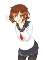 Rule 34 | 10s, 1girl, :t, arm behind back, black pantyhose, brown eyes, brown hair, commentary request, hair ornament, hairclip, hand to own mouth, highres, ikazuchi (kancolle), kantai collection, kyounami, looking at viewer, neckerchief, pantyhose, red neckerchief, school uniform, serafuku, short hair, skirt, smile, solo, translation request