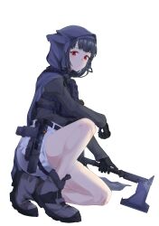 Rule 34 | 1girl, :/, absurdres, arm on knee, axe, belt, black coat, black gloves, black hair, black shirt, blunt bangs, boots, closed mouth, coat, d (nikke), gloves, goddess of victory: nikke, grey footwear, grey shorts, gun, hatchet (axe), high-waist shorts, highres, holding, holding weapon, hood, hood up, hooded coat, kukurus, long coat, looking at viewer, medium hair, on one knee, red eyes, shirt, shorts, sidelocks, simple background, solo, submachine gun, tactical clothes, thighs, weapon, white background