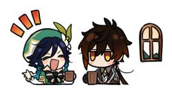 Rule 34 | 2boys, beret, blue hair, blush, braid, brown eyes, brown hair, capelet, closed eyes, cup, genshin impact, green capelet, green headwear, hat, holding, holding cup, long hair, long sleeves, low ponytail, marimo jh, mug, multiple boys, open mouth, simple background, smile, twin braids, venti (genshin impact), very long hair, white background, window, zhongli (genshin impact)