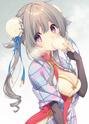 Rule 34 | 1girl, black gloves, breasts, china dress, chinese clothes, cleavage, cleavage cutout, clothing cutout, double bun, dress, food, food in mouth, gloves, grey hair, highres, long hair, looking at viewer, medium breasts, original, purple eyes, solo, toko yoshi
