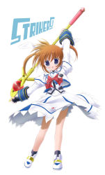 Rule 34 | 00s, 1girl, :d, arm up, blue eyes, blush, bow, brown hair, copyright name, cropped jacket, dress, fingerless gloves, full body, gloves, juliet sleeves, long sleeves, looking at viewer, lyrical nanoha, magical girl, mahou shoujo lyrical nanoha, mahou shoujo lyrical nanoha a&#039;s, mahou shoujo lyrical nanoha strikers, open mouth, puffy sleeves, purple eyes, raising heart, raising heart (accel mode), red bow, red hair, shoes, short hair, smile, solo, staff, standing, takamachi nanoha, takamachi nanoha (sacred mode), twintails, white background, white dress, white footwear