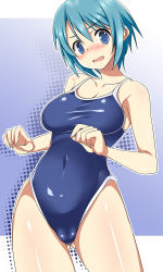 Rule 34 | 10s, 1girl, blue eyes, blue hair, blush, collarbone, competition school swimsuit, face, gluteal fold, highres, hip focus, mahou shoujo madoka magica, mahou shoujo madoka magica (anime), matching hair/eyes, miki sayaka, one-piece swimsuit, perspective, school swimsuit, short hair, solo, swimsuit, taigi akira, wide hips