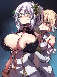 Rule 34 | 2girls, absurdres, aged up, alternate breast size, areola slip, black gloves, blonde hair, blush, grabbing another&#039;s breast, breasts, closed mouth, cross-shaped pupils, detached sleeves, dress, genshin impact, gloves, grabbing, grabbing from behind, green eyes, green hair, hair between eyes, hair ornament, highres, hinghoi, huge breasts, long hair, lumine (genshin impact), multicolored hair, multiple girls, nahida (genshin impact), side ponytail, smile, symbol-shaped pupils, two-tone hair, white dress, white hair, yellow eyes, yuri