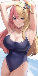 Rule 34 | 1girl, absurdres, alternate costume, armpits, arms up, blonde hair, blue eyes, blue one-piece swimsuit, blush, breasts, cleavage, closed mouth, commentary, cowboy shot, dobure18, groin, hair ornament, hair scrunchie, highres, kotoka torahime, large breasts, lightning bolt, lightning bolt hair ornament, lightning bolt symbol, looking at viewer, multicolored hair, nijisanji, nijisanji en, one-piece swimsuit, one side up, pink hair, romaji commentary, school swimsuit, scrunchie, smile, solo, swimsuit, two-tone hair, virtual youtuber, wet, x hair ornament