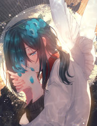 Rule 34 | absurdres, androgynous, angel, angel wings, black hair, blue eyes, blue flower, blush, canarinu, eyelashes, fingernails, flower, flower request, gender request, hair flower, hair ornament, hair over one eye, half-closed eyes, halo, highres, interlocked fingers, light smile, long hair, long sleeves, looking down, male focus, original, own hands together, petals, ponytail, shirt, smile, sparkle, upper body, white shirt, white wings, wings