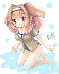 Rule 34 | 10s, 1girl, :d, barefoot, breasts, brown eyes, hairband, highres, i-26 (kancolle), kantai collection, light brown hair, long hair, looking at viewer, momoniku (taretare-13), name tag, new school swimsuit, one-piece swimsuit, open clothes, open mouth, sailor collar, school swimsuit, short sleeves, smile, solo, swimsuit, swimsuit under clothes, twitter username, two-tone hairband, two side up