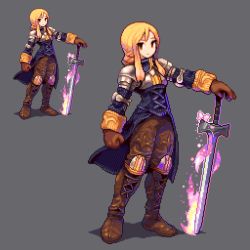Rule 34 | 1girl, agrias oaks, armor, blonde hair, boots, breastplate, brown footwear, brown gloves, commentary request, final fantasy, final fantasy tactics, fire, full body, gloves, grey background, knee pads, long hair, looking at viewer, multiple views, pink fire, pixel art, shadow, shirosu, simple background, standing, sword, weapon