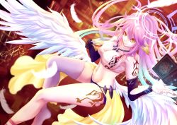 Rule 34 | 1girl, angel wings, asymmetrical legwear, book, breasts, spiked halo, crop top, cross, cup, feathered wings, feathers, gloves, gradient hair, halo, jibril (no game no life), large breasts, long hair, low wings, magic, magic circle, midriff, mismatched legwear, multicolored hair, navel, no game no life, pink hair, sideboob, smile, solo, symbol-shaped pupils, tattoo, tea, teacup, very long hair, vv sama, white wings, wing ears, wings, yellow eyes