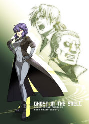 Rule 34 | 1girl, 2boys, batou (gits), caffein, coat, ghost in the shell, ghost in the shell stand alone complex, highres, kusanagi motoko, mullet, multiple boys, purple hair, red eyes, short hair, sunglasses, togusa (gits)