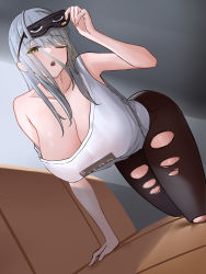 Rule 34 | 1girl, :o, absurdres, all fours, aoi riko, bad id, bad twitter id, black mask, black pants, breasts, cleavage, commentary request, couch, frima (nikke), goddess of victory: nikke, green eyes, grey hair, highres, large breasts, long hair, looking at viewer, mask pull, off shoulder, one eye closed, pants, shirt, sleep mask, solo, torn clothes, torn pants, white shirt