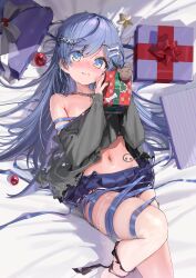 Rule 34 | 1girl, bed sheet, black nails, black shirt, blue eyes, blue hair, blue skirt, blush, bone hair ornament, breasts, cartoon bone, closed mouth, commentary request, feet out of frame, gift, hair between eyes, hair ornament, highres, holding, holding gift, kanzarin, knee up, long sleeves, looking at viewer, lying, nail polish, navel, on back, pleated skirt, shirt, skirt, sleeves past wrists, small breasts, smile, solo, star (symbol), sweat, thighhighs, torn clothes, torn shirt, virtual youtuber, vspo!, white thighhighs, wide sleeves, yano kuromu