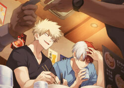 Rule 34 | 2boys, 2others, akiyama (noconoco), bakugou katsuki, black shirt, blonde hair, blue shirt, blurry, blurry foreground, boku no hero academia, bowl, burn scar, ceiling light, chopsticks, closed eyes, collarbone, collared shirt, commentary request, cup, depth of field, hand on own head, hands up, holding, holding chopsticks, holding cup, indoors, looking at another, male focus, menu, multicolored hair, multiple boys, multiple others, open mouth, poster (object), red eyes, red hair, scar, scar on face, shirt, short hair, short sleeves, sideways glance, sitting, smile, spiked hair, split-color hair, t-shirt, todoroki shouto, two-tone hair, upper body, v-shaped eyebrows, watch, white hair, wristwatch