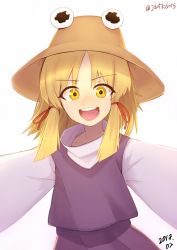 Rule 34 | 1girl, :d, bad id, bad pixiv id, blonde hair, blouse, brown hat, dated, hair tie, hat, j.k., long hair, long sleeves, looking at viewer, moriya suwako, open mouth, outstretched arms, purple skirt, purple vest, shirt, simple background, skirt, smile, solo, spread arms, teeth, touhou, twitter username, upper body, vest, white background, white shirt, yellow eyes