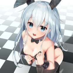 Rule 34 | 1girl, alternate costume, animal ears, areola slip, black thighhighs, blue eyes, bow, bowtie, breasts, bunny day, checkered floor, fake animal ears, haiba 09, hair between eyes, hibiki (kancolle), kantai collection, leotard, long hair, looking at viewer, medium breasts, open mouth, playboy bunny, rabbit ears, rabbit girl, rabbit tail, solo, tail, thighhighs, tongue, tongue out, white hair