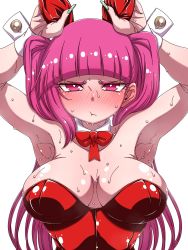 Rule 34 | 1girl, alternate breast size, arms up, bare shoulders, bleach, blush, breasts, cheek bulge, detached collar, dokugamine riruka, embarrassed, fingernails, hanya (hanya yashiki), highres, large breasts, leotard, lips, long hair, looking at viewer, nipples, pink eyes, pink hair, playboy bunny, rabbit ears, rabbit pose, red leotard, shiny clothes, shiny skin, simple background, solo, sweat, sweatdrop, teeth, tsundere, twintails, upper body, very long hair, white background