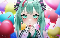 Rule 34 | 1girl, balloon, blue eyes, blue hair, blush, bow, character name, collared shirt, commentary, confetti, hair bow, happy birthday, hatsune miku, heart balloon, highres, long hair, long sleeves, looking at viewer, nail polish, shirt, sleeveless, sleeveless shirt, sleeves past wrists, smile, solo, straight-on, twintails, upper body, vocaloid, wanko (yurika0320)