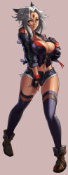 Rule 34 | 1girl, animal ears, ankle boots, blue thighhighs, boots, breasts, cleavage, curvy, cutoffs, detached sleeves, eu03, female focus, fingerless gloves, forehead jewel, full body, gloves, jacket, large breasts, looking at viewer, midriff, namco x capcom, navel, nose, puckered lips, saya (namco x capcom), short shorts, shorts, simple background, solo, standing, thighhighs, thighs, white hair, wide hips, yellow eyes